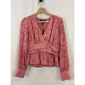 BCBG Pink Blouse Women XS Jacquard babydoll Top Pink Office Feminine Floral